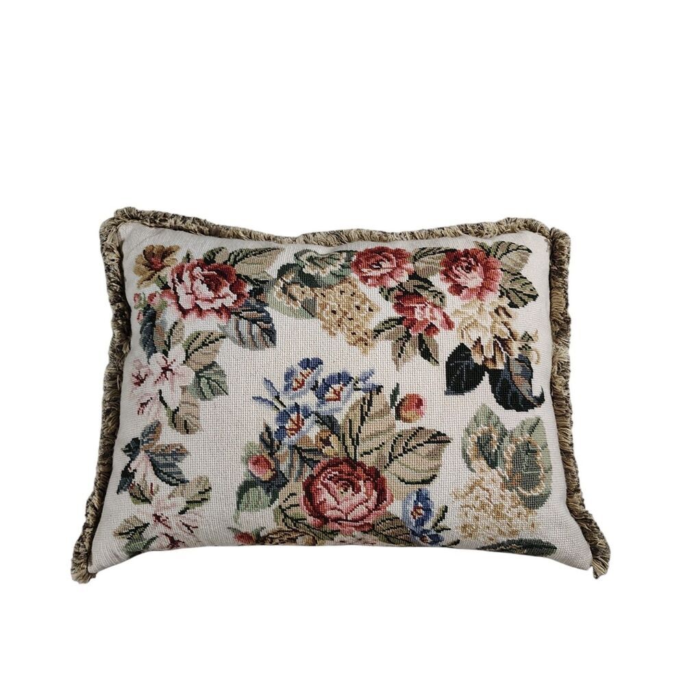 Vtg Floral Needlepoint Tapestry Throw Pillow Cottagecore Grandmillennial 24x19 - Picture 1 of 7